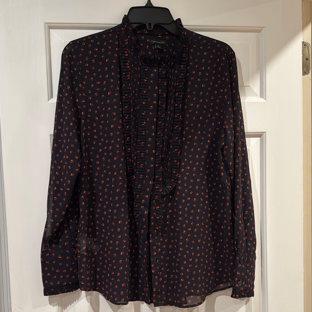 Ann Taylor semisheer navy ruffle blouse